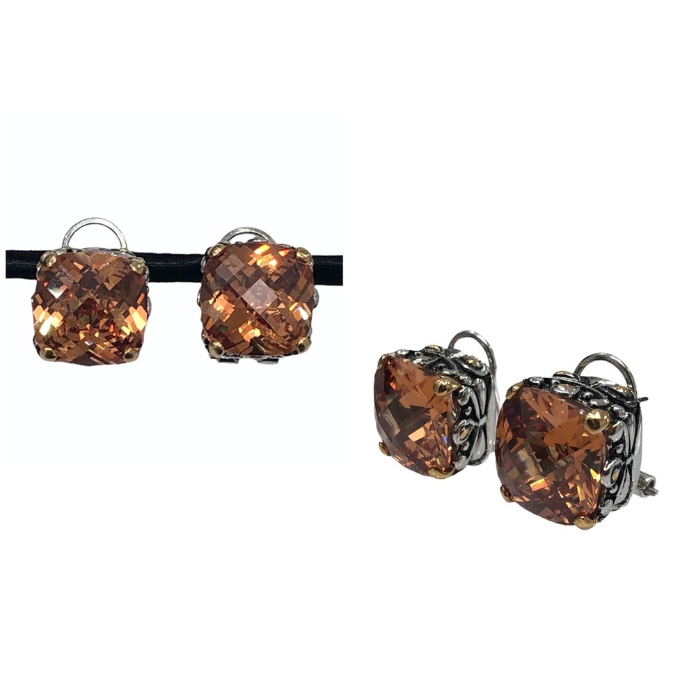 VINTAGE ORANGE CUSHION/CHECKER CUT GOLD & SILVER TONE EARRINGS